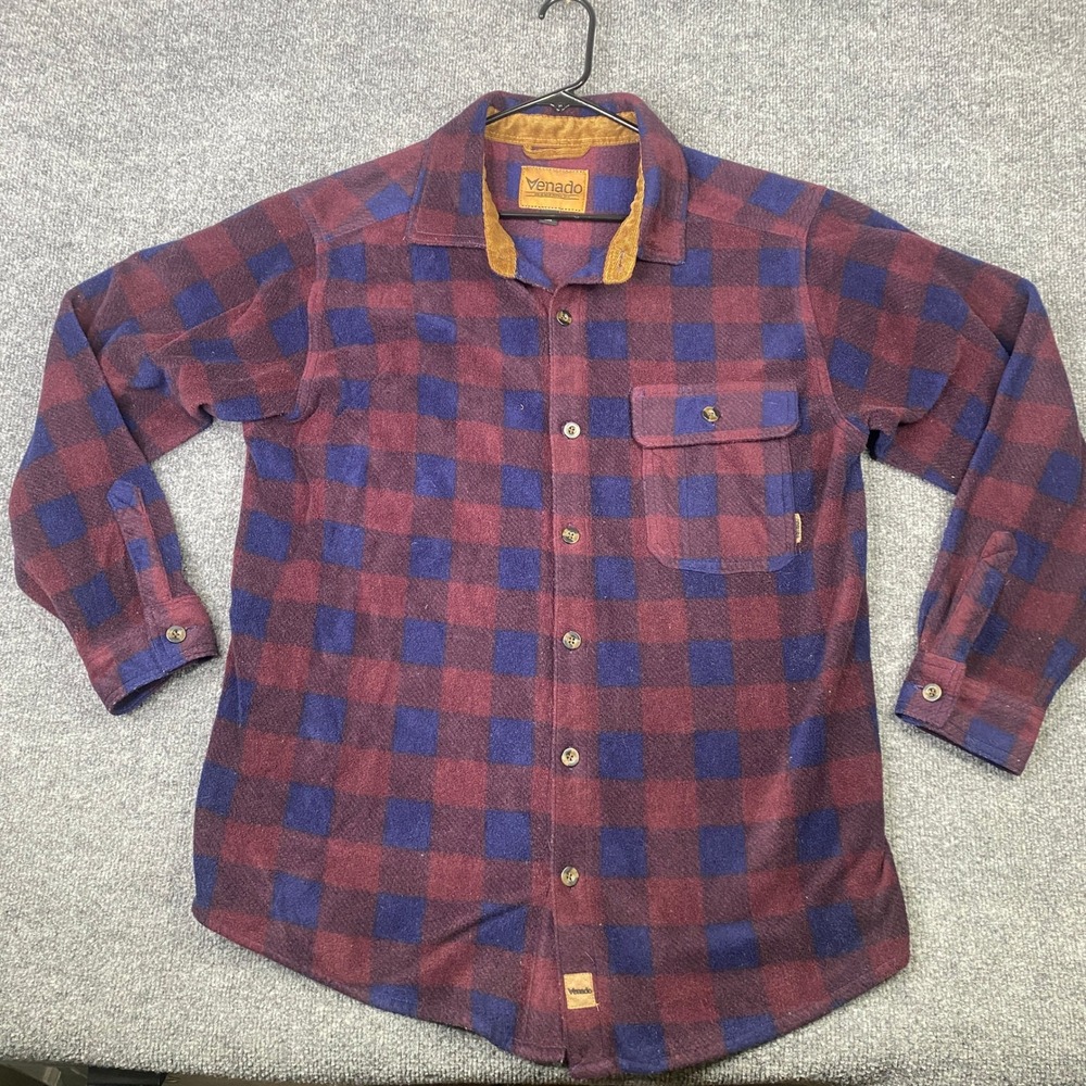 Venado Mens Large Buffalo Plaid Fleece Flannel Shirt Burgundy Navy Blue L EDC